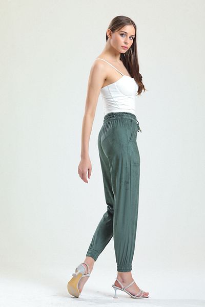Sense Suede Trousers with Elastic Waist and Legs| Pnt33895 Green