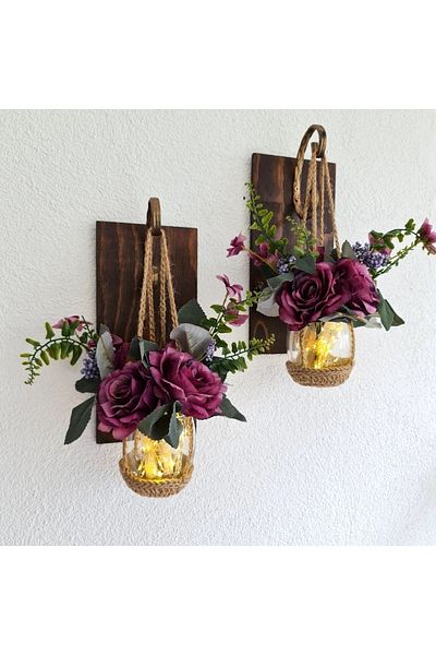 STDEKOR Wall Decoration, LED Light, Purple Rose Flower Walnut Sconce Set of Two
