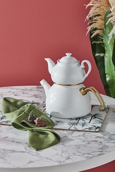 Neva Nv10055 White Enamel Teapot Set with Porcelain Teapot