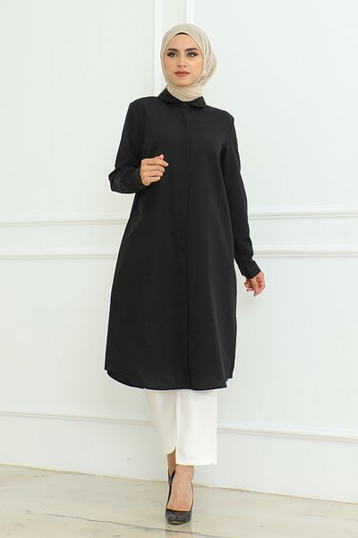 Eliva Black Long Sleeve and Collar Buttoned Hijab Tunik - Women