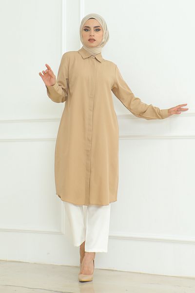 Eliva Beige Long Hijab Tunic - Women's, Long Sleeve and Buttoned Collar