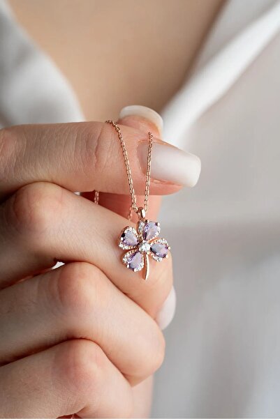 Karem Jewellery Mor Dört Yapraklı Şans Yoncası Rose Altın Kaplama Kadın Kolye