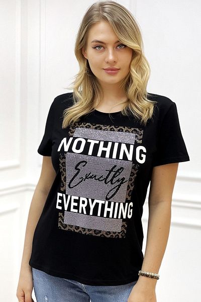 RICH GLAM Large Size Premium Cotton Written Crystal Stone Printed Crew Neck Comfortable Stylish Women's T-shirt