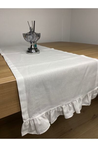 LILYUM %100 Pamuklu Ham Keten Kenarları Fırfırlı Runner 40x140 cm