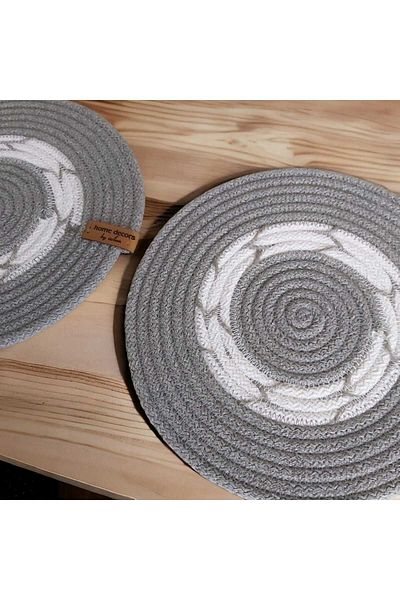 home decors by özlem Set of 2 Grey-White Trivet Wicker Handmade Kitchen Accessory Style Fashion Dining Tableware - 22x22cm