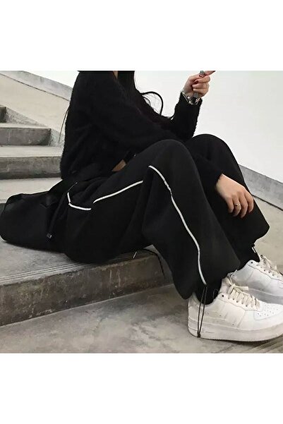 Genel Markalar M F Harajuku Zip Detail Black Tracksuit Oversize Eşofman Altı