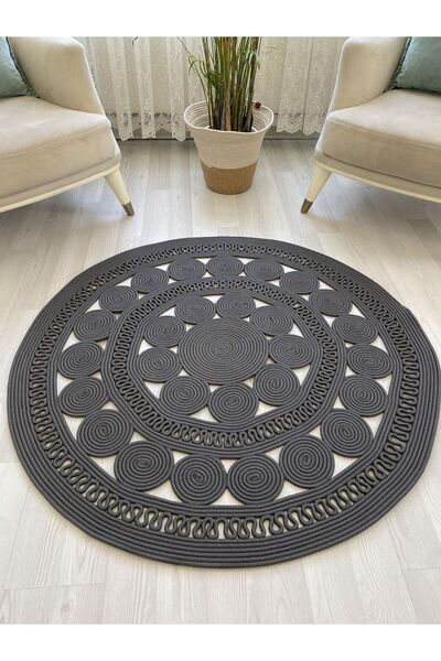 ModaCardin jüt Hasır görünümlü Desenli Modern El Örgüsü daire Halı Kilim