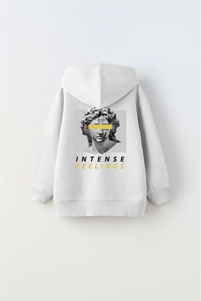 The Champ Clothing Бял унисекс детски суичър с качулка, полар, с щампа Intense Feelings