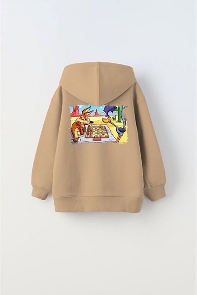The Champ Clothing Hanorac cu glugă pentru copii, unisex, bej, imprimat cu desene animate de șah
