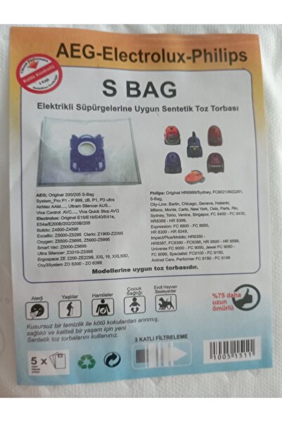 AEG -electrolux-philips S Bag Sentetik Bez Toz Torbası 10 Adet (2 PAKET)