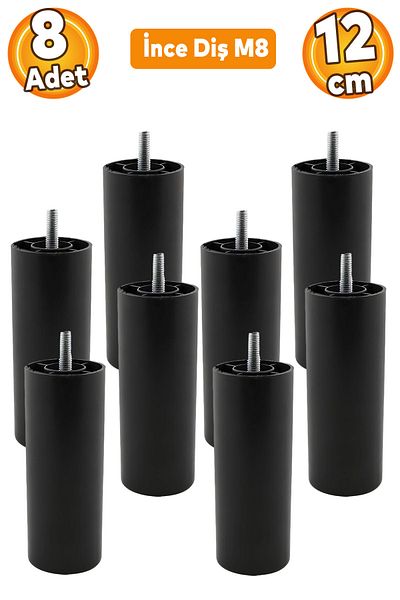 Badem10 Înălțare scaun canapea cu filet fin cu șuruburi M8 negre - 12 cm, 8 buc