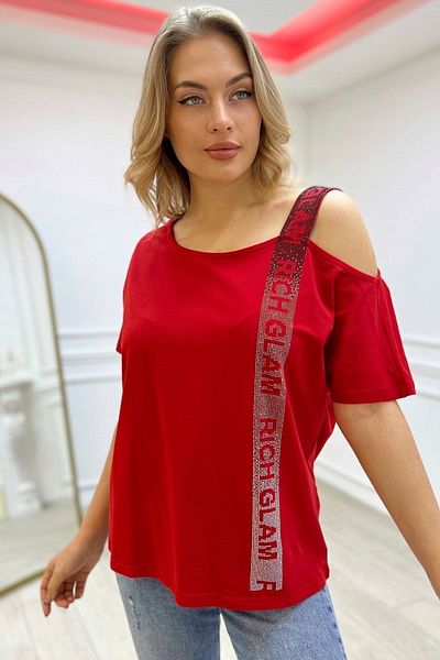 RICH GLAM Loose Cut Plus Size One Shoulder Open Crystal Stone Women's Short Sleeve Cotton Red T-shirt