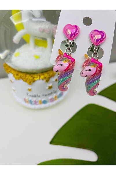 1PARÇAMAVİ Kalpli Uzun Unicorn Klipsli Çocuk Küpesi -deliksiz Sıkıştırma Küpe...