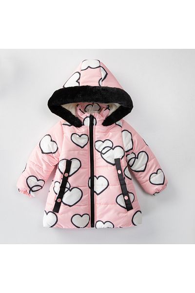 PODIUM GYM Cute Heart Patterned Winter Coat - with PocKets and Hood, FurrY Inner Surface, Soft Fabric