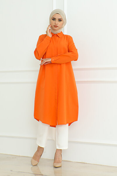 Eliva Orange Buttoned Collar - Long Sleeve Women's Hijab Tunik