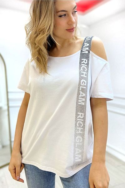 RICH GLAM Loose Cut Plus Size One Shoulder Open Crystal Stone Women's Short Sleeve Cotton White T-shirt