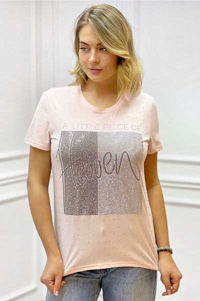 RICH GLAM Heaven Crystal Stoned Large Size Crew Neck Cotton Powder Women's T-shirt L Xl 2xl 3xl