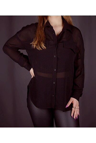Lady Lydian Black Stylish Chiffon Shirt with Side Button Detail
