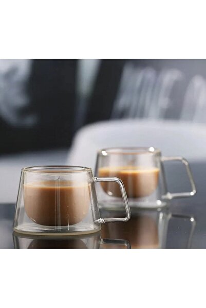 M Mimoza Park Çift Camlı Çift Cidarlı Cam Kupa 200 ml Ev Ofis Fincan Çift Katlı Isı Yalıtımlı Kulplu Bardak Fincan