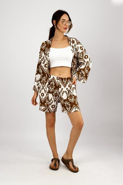 Betimoda Brown Women's Summer Set - Lycra Wrapped Fabric, Loose Loose Shorts Set of 2