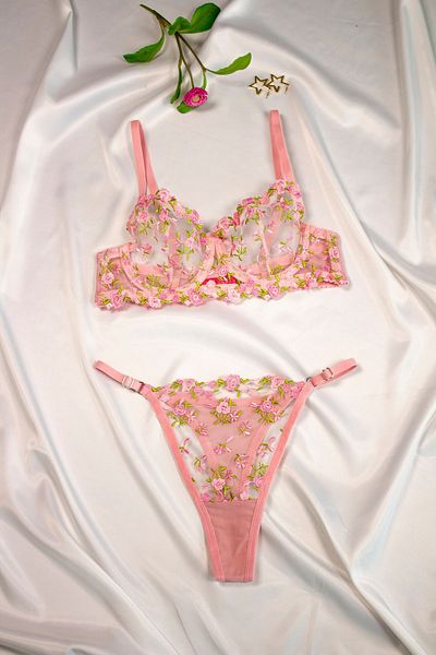 LikeSwan Set de lenjerie de corp bralet transparent cu dantelă cu sârmă cu imprimeu floral roz