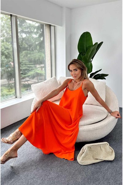 ORZUQLIFE Aerobin Fabric Adjustable Strap Long Orange Dress