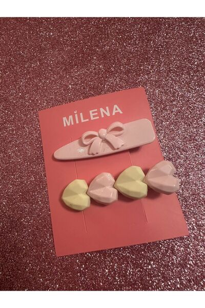 Milena Designer Store ميلينا اسطنبول - طقم إبزيم مزدوج مع فيونكة وردية وقلوب