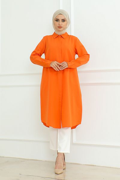 Eliva Orange Buttoned Collar - Long Sleeve Women's Hijab Tunik
