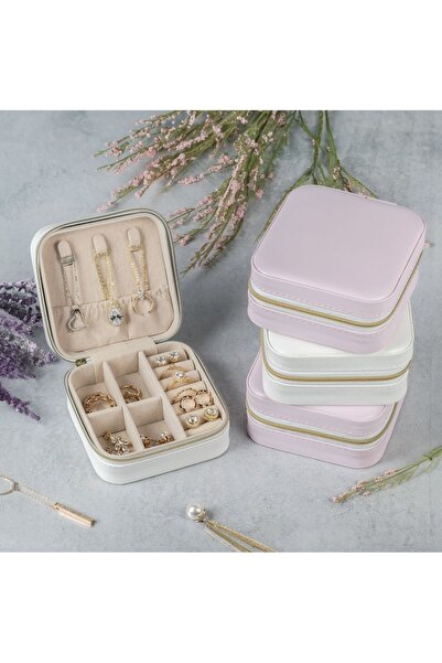 Genel Markalar Mücevher Takı Çantası - Yüzük Kolye Seyahat Organizer Fermuarlı Çanta, Beyaz Deri Takı Saklama Çanta