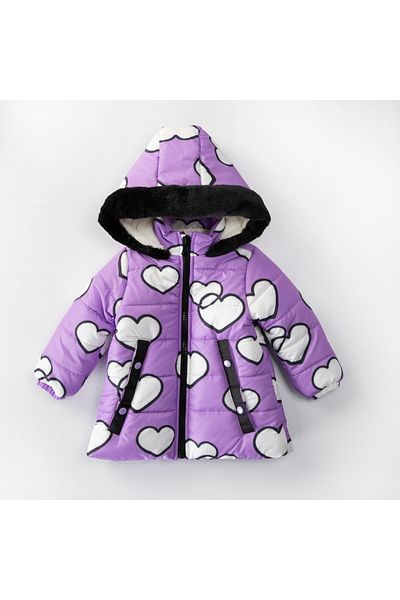 PODİUM GİYİM Cute Heart Patterned Winter Coat - with PocKets and Hood, FurrY Inner Surface, Soft Fabric