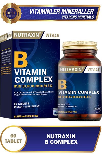 Nutraxin Vitamin B Complex - 60 Tablets (B1-B2-B3-B5-B6-Biotin-B12)