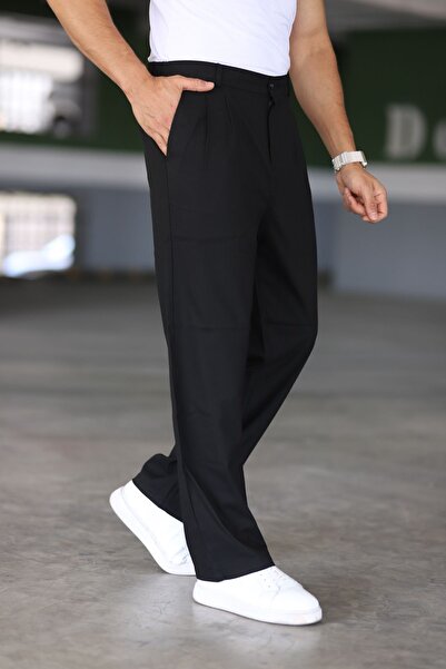 Bürke Baggy Çift Pileli Siyah Renk Beli Lastikli Kaliteli Rahat Kesim Klasik Bol Paça Baggy Pantolon