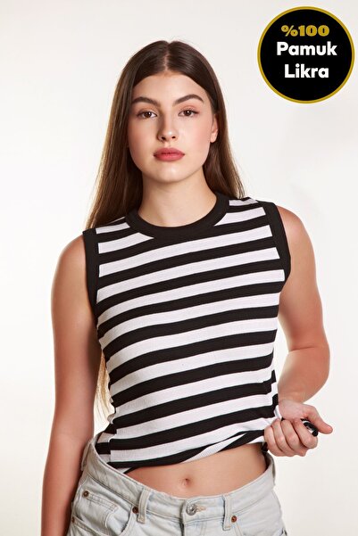 MİSS M.A.T FASHİON تيشيرت رياضي نسائي من الليكرا مضلع باللونين الأبيض والأسود...