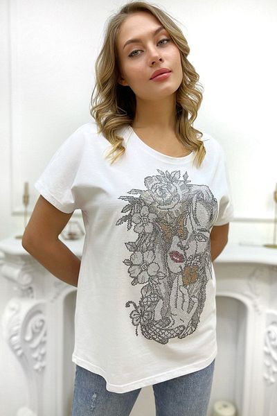 RICH GLAM WhiTe Crew neck large Size CrysTal STone CoTTon Women's T-shirt