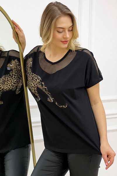 RICH GLAM Tricou negru pentru femei, din bumbac, cu detaliu din plasă, cu detaliu din cristal de tigru