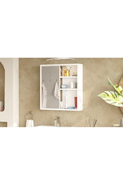 L'occi Concept Dunes Aynalı Lavabo Üstü Banyo Dolabı Raflı Kapaklı 60cm Beyaz DS1-W