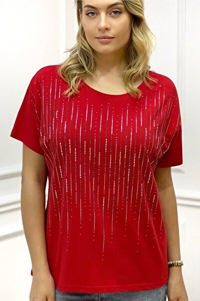 RICH GLAM Loose Cut Crew Neck Plus Size Crystal Stone Women's T-shirt