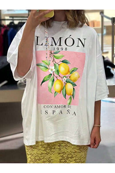 Bengi Clothing Λευκό Oversize Βαμβακερό T-shirt - Κοντό μανίκι, εμπριμέ