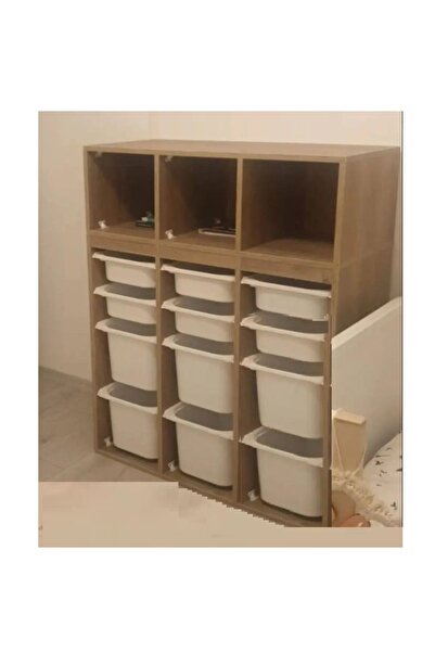 OYUNCAK DOLABI AHŞAP DESENLİ KİTAPLIKLI MDF OYUNCAK SAKLAMA DOLABI KİTBATU4