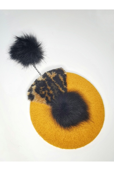 Senbeno Design ÖZGÜN TASARIM LEOPAR KÜRK VE YUSUFÇUK BROŞ DETAYLI SARI KADIN FRANSIZ RESSAM BERESİ ŞAPKA