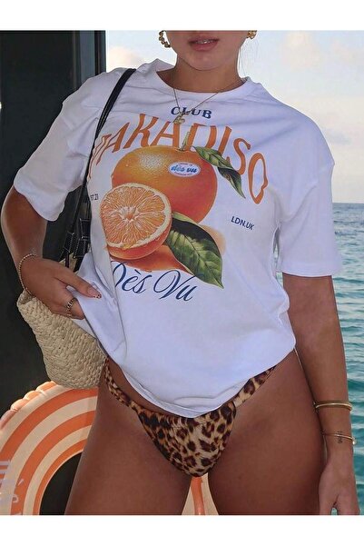 Bengi Clothing Λευκό Oversize Βαμβακερό T-shirt - Κοντό μανίκι, εμπριμέ