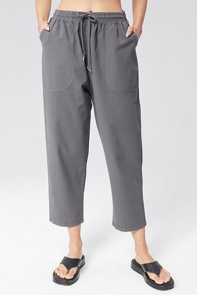 MONAHA Pantaloni de damă gri închis cu tăietură morcov până la gleznă cu aspect de in - bumbac, Monaha de vară