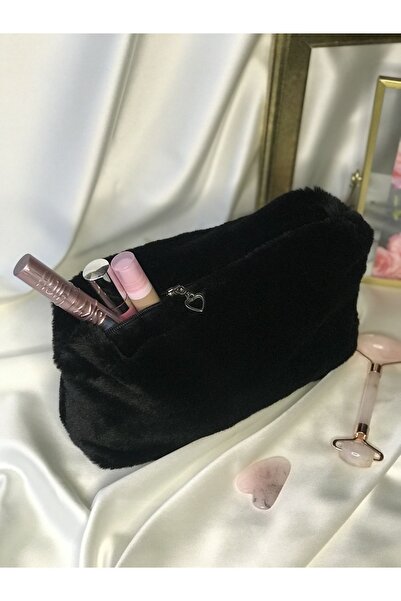 MELSEA Siyah Peluş Siyah Saten Makyaj ve Bakım Çantası