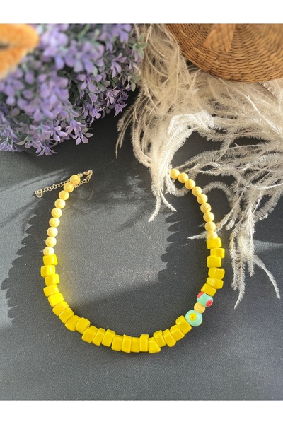 Limi Design Sarı Cam boncuk ve lav taşı  el yapımı doğal taş nazar kolye