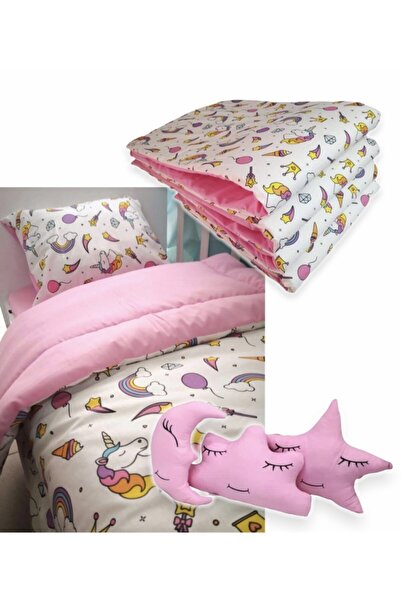 Bebek Özel %100 Pamuklu 70x120 Park Beşik Uyku Seti Beyaz Unicorn Pembe (10 Parça) (Yorganlı)