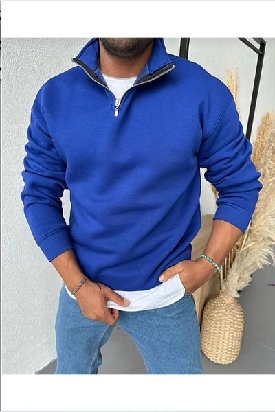 macklin Pulover de bază cu guler neimprimat pentru bărbați și femei - cu jumătate de fermoar
