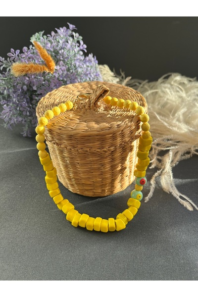 Limi Design Sarı Cam boncuk ve lav taşı  el yapımı doğal taş nazar kolye