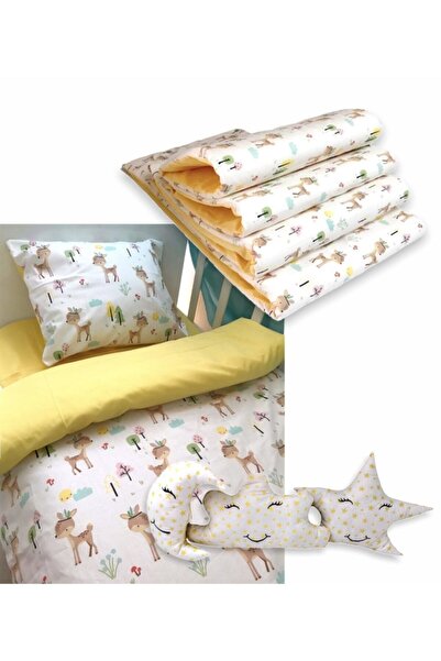 Bebek Özel %100 Pamuklu 80x130 Mobilya Beşik Uyku Seti Karaca Sarı (10 Parça) (Yorganlı)