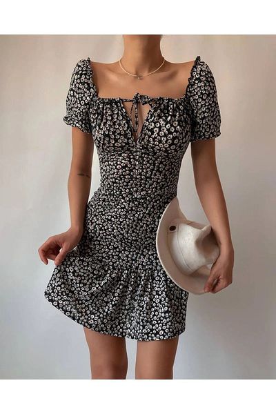 NEW JOURNAL Rochie mini plisată pentru femei cu imprimeu floral negru