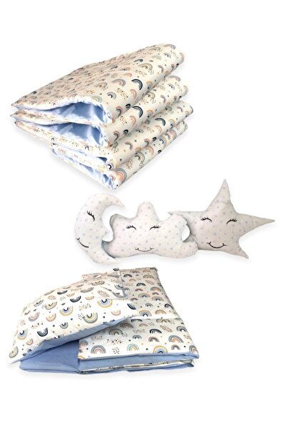 Bebek Özel %100 Pamuklu 60x120 Mobilya Beşik Uyku Seti Gökkuşağı Mavi (10 Parça) (Yorganlı)